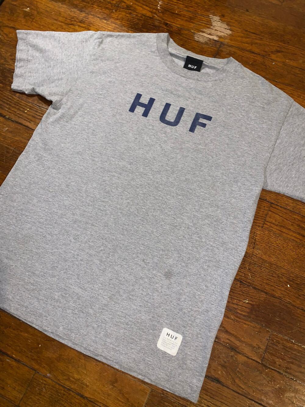 HUF OG Logo T Shirt Medium Grey Navy Skate Made USA Streetwear